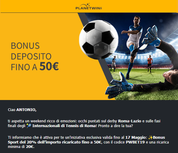 Esempio reale di bonus offerto da Planetwin365 — fino a 50€