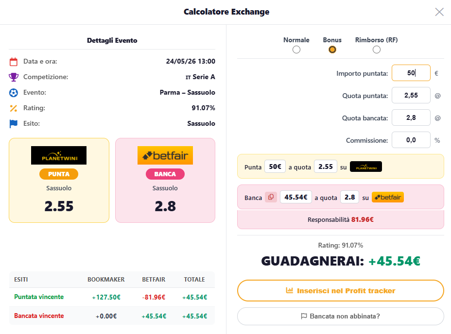 Calcolatore Betlify modalità Bonus — guadagno +€45,54 garantito